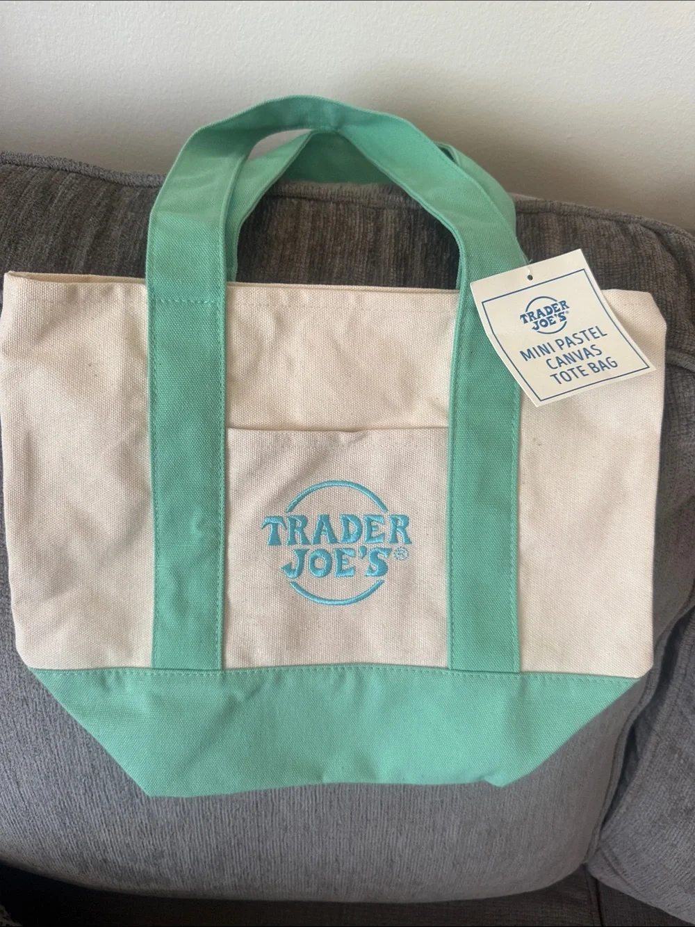 Trader Joe's Mini Pastel Canvas Tote Bag - Mint & Beige
